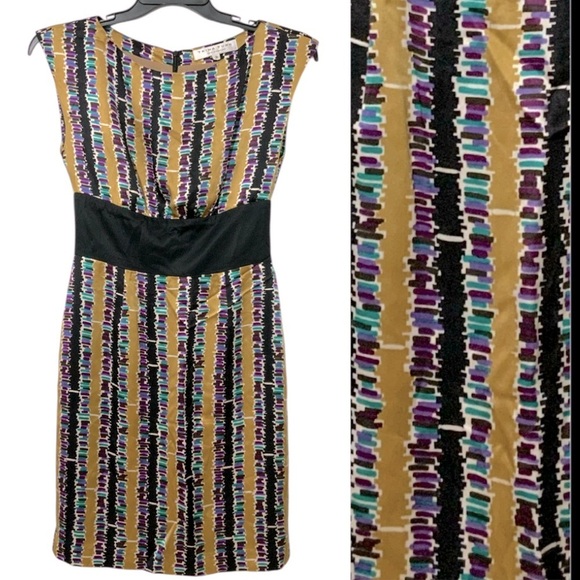 Trina Turk 100% Silk Abstract Purple Gold Black Stripe Dress Sz 2 Sleeveless - Picture 2 of 13